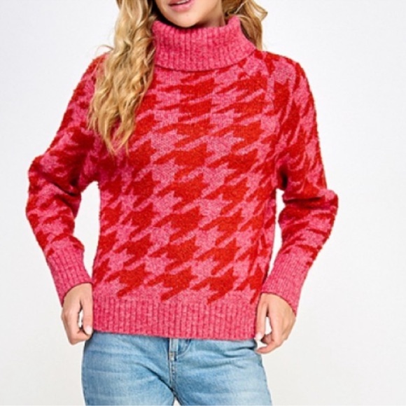 NWOT New Cliche Red and Pink Houndstooth Turtleneck Sweater - Picture 3 of 11